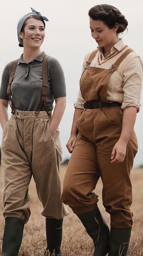 1920s Hiking Outfit, Farmwear Women, Fantasy Overalls Outfit, 1800s Farmer Clothes, 1940s Utility Fashion, Village Outfit Style, Vintage Working Women, Farming Aesthetic Outfit, Vintage Adventurer Outfit