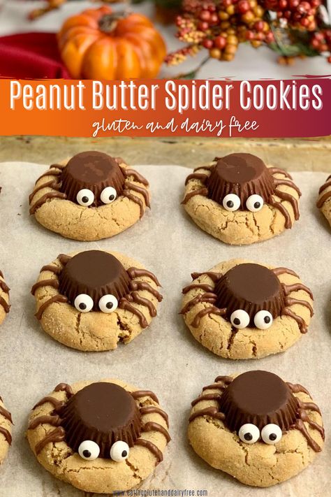 These Peanut Butter Spider Cookies look festive & taste ridiculously delicious. Check out this step-by-step guide to make these GF and DF. #glutenfree #dairyfree #halloween #spiders #spidercookies #fallharvest Dairy Free Halloween Treats, Spider Cookies Halloween, Dairy Free Halloween, Peanut Butter Spider Cookies, Homemade Chocolate Buttercream Frosting, Gluten Free Halloween Treats, Gluten Free Halloween, Peanut Butter Cups Recipe, Halloween Food Dinner