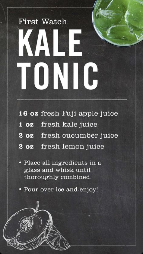 First Watch Kale Tonic Recipe, Kale Tonic First Watch Recipe, Kale Tonic Recipe, Kale Juice Recipes, Kale Juice, Healthy Juicer Recipes, Tonic Drink, Tonic Recipe, First Watch