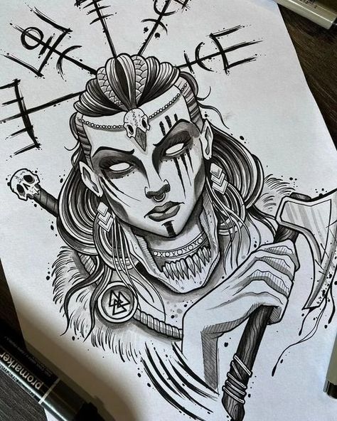 Sombrero Tattoos || Art on Instagram: "Which one's your favourite? . . . . By @g.rem_blackheroin . . . . Follow for more!! . . . . DM for feature" Viking Queen Tattoo, Viking Drawing Sketches, Viking Woman Tattoo, Art Of Emotions, Emotions Tattoo, Vikings Drawing, Viking Sleeve, Viking Drawings, Traditional Viking Tattoos