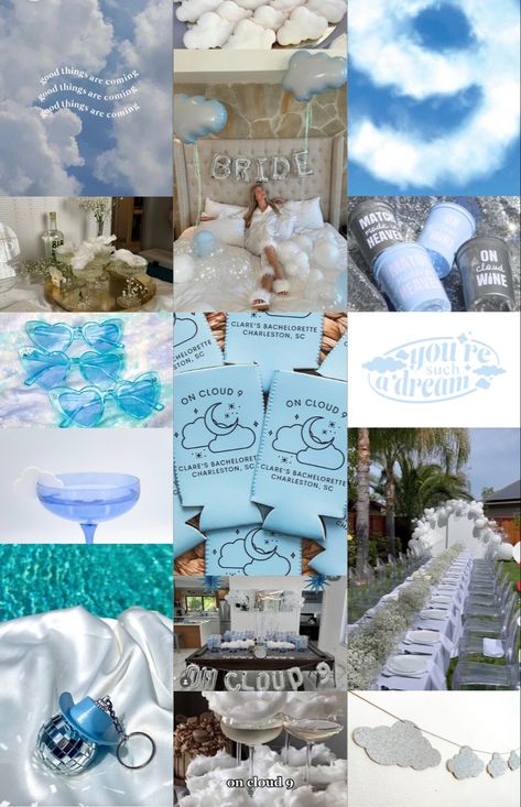 On cloud nine party theme vision board. Collage of cloud photos, blue and silver bachelorette decor, cloud decoration and gifts, bride to be with blue balloons On Cloud 9 Bachelorette Party, Cloud 9 Bachelorette Party, Something Blue Bachelorette Party, Cloud 9 Party, On Cloud 9 Bachelorette, On Cloud Nine Bachelorette, Bachelorette Party Theme, Homecoming Ideas, Blue Bridal Shower