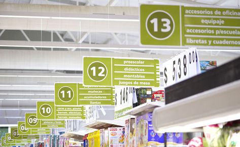 Chedraui hypermarket by Little, Guadalajara City   Mexico store design Supermarket Aisle Signage, Supermarket Signage Design, Grocery Signage, Supermarket Signage, Supermarket Design Interior, Grocery Sign, Retail Branding, Grocery Ads, Shop Shelving