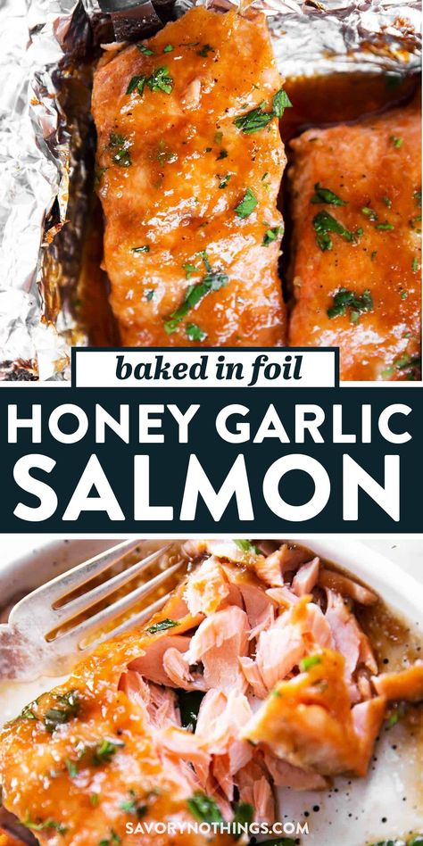 This is one of the best recipes for salmon baked in foil! The honey garlic marinade tastes so good and the entire dish only needs 5 ingredients. We’ll glaze the fish with a delicious mix of honey, soy sauce and fresh garlic. Then, wrap it in foil and baked in the oven, which only takes around 15 minutes. So easy! Easy Honey Garlic Salmon, Honey Salmon Recipes, Salmon Recipes Oven, Oven Salmon, Salmon Recipes Baked Healthy, Honey Glazed Salmon, Salmon Marinade, Salmon Glaze Recipes, Honey Garlic Salmon