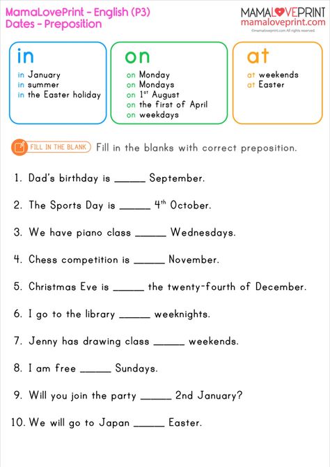 MamaLovePrint . Grade 3 English Worksheets . Grammar Preposition of Date Exercise English Grade3 Worksheet, Grade 3 Grammar Worksheets, Worksheet Grade 3 English, Grade 4 English Worksheets Grammar, English For Grade 3 Worksheets, English Grammar Worksheets Grade 3, Grade 3 English Worksheets Activities, Grade 2 English Worksheets Grammar, Preposition Worksheets For Grade 3