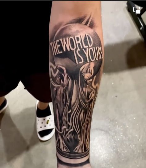 Tmc Tattoo Nipsey, The World Is Yours Globe Scarface Tattoo, Scarface Statue Tattoo, The World Is Yours Tattoo Leg, World Is Yours, The World Is Yours Tattoo Scarface, The World Is Yours Tattoo Stencil, Paid In Full Tattoo, Forearm Half Sleeve Tattoos