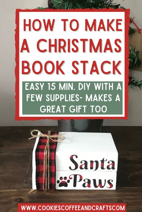 Take your 2x4 scrap pieces and make adorable DIY Christmas book stacks. All you need is some paint, lettering and ribbon. It makes beautiful Christmas decor or gift. Christmas Book Stack | Christmas book stacks diy | wood book stacks diy Christmas | DIY Wood Book Stacks tutorial | Christmas wood book stacks tutorial | Christmas wood books diy | 2x4 Christmas Crafts | Cricut Christmas Gift Ideas Diy Book Stacks Wood, Christmas Wood Book Stacks, Christmas Wood Books, Christmas Book Stack Decor, Stacked Books Decor Diy Wood, Christmas Book Stacks Diy, Wooden Book Stacks Diy, Christmas Book Stacks, 2x4 Christmas Crafts