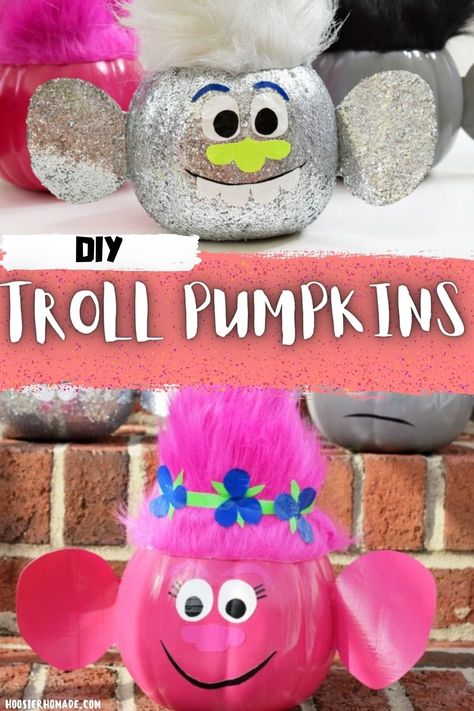 Are your kids obsessed with trolls? I have seen them everywhere lately and decided to make Troll Pumpkins this year. They are perfect for your front porch, table centerpieces or in the kids’ rooms! Front Porch Table, Pumpkin Ideas For Halloween, Easy Creative Recipes, Porch Table, Trunk Or Treat Ideas, Trolls Birthday Party, Creative Recipes, Classic Recipes, Treat Ideas