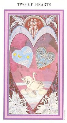 TWO OF HEARTS (Cups) from The Enchanted Tarot by Amy Zerner and Monte Farber (St. Martin's Press). The Enchanted Tarot, Tarot Cards Cups, 2 Of Cups Tarot, Two Of Cups Tarot, Two Of Hearts, 2 Of Cups, Quilted Art, Two Of Cups, The Star Tarot