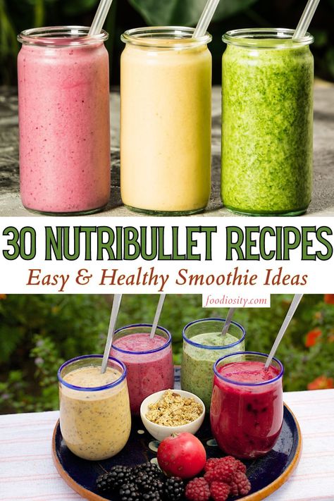 30 NutriBullet Recipes - Healthy Smoothie Ideas - Foodiosity Nutri Bullet Smoothies, Smoothie Blender Recipes, Smoothie Nutribullet, Potassium Smoothie Recipes, Nutribullet Alcoholic Drinks, Nutribullet Juicer Pro Recipes, Healthy Daily Smoothies, Bullet Smoothie Recipes, Diet Smoothies Meal Replacements