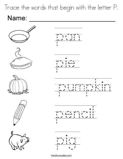 Trace the words that begin with the letter P Coloring Page - Twisty Noodle Letter P Coloring Page, Letter P Worksheets, Letter S Worksheets, P Alphabet, Handwriting Worksheets For Kids, Elementary Worksheets, Writing Practice Sheets, Twisty Noodle, Alphabet Words