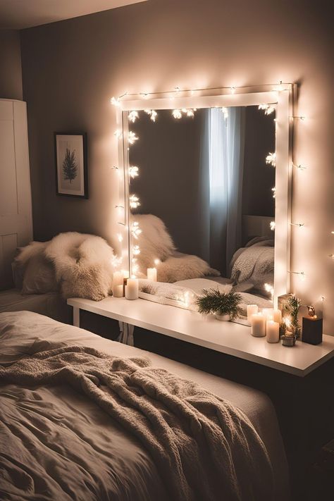 Bedroom mirror decorated with Christmas fairy lights, greenery, and festive ornaments for a cozy holiday look Fairy Light Bedrooms, Light Around Mirror, Fairy Lights Bedroom Ideas Simple, Christmas Lights Bedroom, Fairy Lights Bedroom Ideas, Cozy Christmas Bedroom Aesthetic, Light Bedrooms, Lights Bedroom Decor, Lights Around Mirror