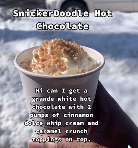 Secret Starbucks Recipes Hot Coffee, Snickerdoodle Hot Chocolate Starbucks, Hot Chocolate Starbucks Recipe, Starbucks White Hot Chocolate Order, Starbucks Hot Chocolate Drinks Orders, Starbucks Hot Coffee Drinks Orders Sweet, Starbucks Hot Chocolate Order, Starbucks Recipes Hot Drinks, Starbucks Hot Drinks To Order