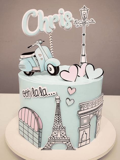 Paris Bday Cake, Paris Cake Design, Birthday Cake Paris Theme, Parisian Cake Ideas, Paris Cake Ideas Birthdays, Travel Cakes Ideas, Paris Cake Topper, Beautiful Cake Design Birthdays, Paris Cake Ideas