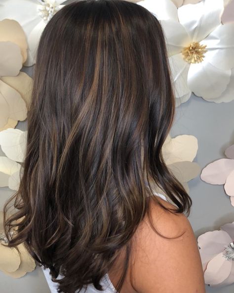 Pittsburgh Hair Dresser on Instagram: “✨Not all balayage colors have to be shades of blonde!✨ #brookerockwellhairdesign #pittsburghsalon #pittsburghhair #pittsburghhairstylist…” Highlights On Really Dark Hair, Dark Layered Hair With Highlights, Long Mid Hair, Dark Balayage On Black Hair, Brown Hair Highlights Medium Length, Brunette Balayage Hair Black, Black Hair With Dark Blonde Highlights, Black Hair With Balayage Highlights, Hair Till Shoulders