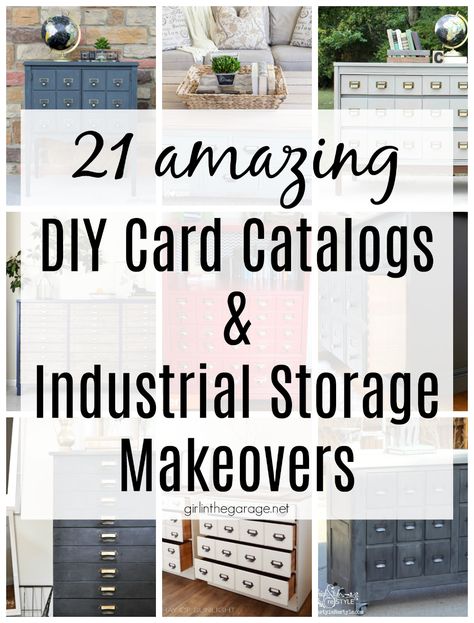 Card catalogs and industrial furniture look amazing, but are so expensive. Save money with these DIY card catalog makeovers and industrial furniture flips! Curated by Girl in the Garage Industrial Dresser Makeover, Diy Card Catalog, Painting Metal Cabinets, Vintage Market Booth, Industrial Dresser, Industrial Bedroom Furniture, Card Catalog Cabinet, Bookcase Makeover, Solid Wood Bedroom Furniture