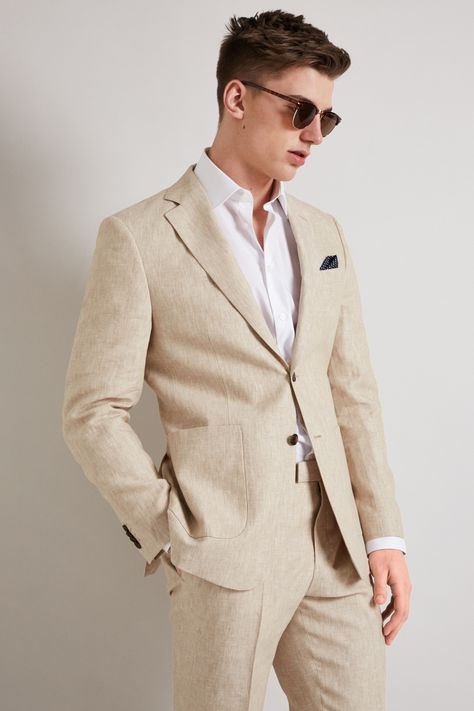 Hardy Amies Stone Linen Suit Jacket Tailored Fit Single Breasted Summer Blazer | eBay Beige Suits For Men, Linen Suits For Men, Linen Wedding, Tan Suit, Dinner Suit, Beach Suit, Beige Suits, Wedding Suits Groom, Linen Men