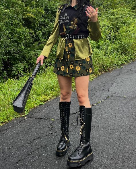 spring sprang sprung outfit details:✨ dress: thrifted @urbanoutfitters button up & belt: thrifted tshirt: @target boots: @drmartensusa @drmartensofficial @depop purse: @marshalls #altfashion #drmartensstyle #docmartens #whimsigoth Thrifted Maximalist Outfits, Funky Button Up Shirt Outfit, Thrifted Tshirt, Button Up Shirt Outfit, Maximalist Outfits, Target Boots, Dr Martens Style, Fairycore Grunge, Alt Fashion