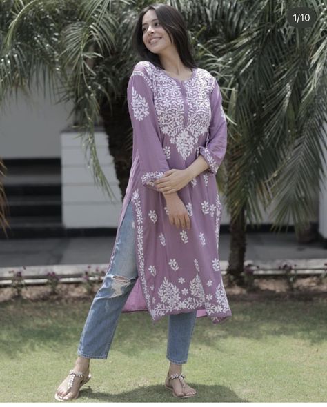 Short Chikankari Kurti With Jeans, Lakhnawi Kurti, Chikankari Kurti With Jeans, Pink Short Kurti, Kurti Fits, Lavender Kurti, Long Kurti With Jeans, Jaanvi Kapoor, Kurti Poses