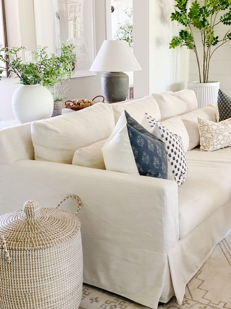 You can finally have a white sofa with kids! These covers are washable! You can even bleach them if needed! White Sofa Cover, Best Slipcovered Sofa, Slip Cover Sofa Living Room, White Slipcover Sofa Living Room Ideas, White Sofa Slipcover, Sofa With Kids, Rancher Remodel, Slipcovered Sofa Living Room, White Slipcover