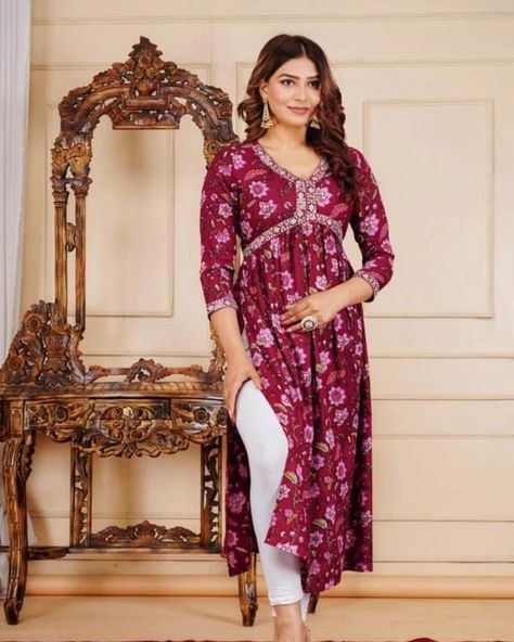 PRICE- ₹579/-FREE SHIP/ CASH ON DELIVERY ✅ Catalog Name: *Aliya Cut Kurti Wine With Embroidery* Aliya Cut Kurta beautiful Aliya Cut kurti with Embroidery which is made from Rayon fabric with beautiful print all over.This kurta has been designed keeping in mind the latest trends in contemporary casual fashion. The dress combines ethnic with the fashion of today and makes you stand out among others when you adorn it. #instagram #kurties #amazingfashion #outfitoftheday #trendyfashion #aliya... Alya Cut Kurti Design, Aliya Cut Dress Design, Alia Cut Kurti Pattern, Latest Kurti Designs, Alia Cut, Onam Outfits, Kurti Patterns, Kurti Designs Latest, Fashion Vocabulary