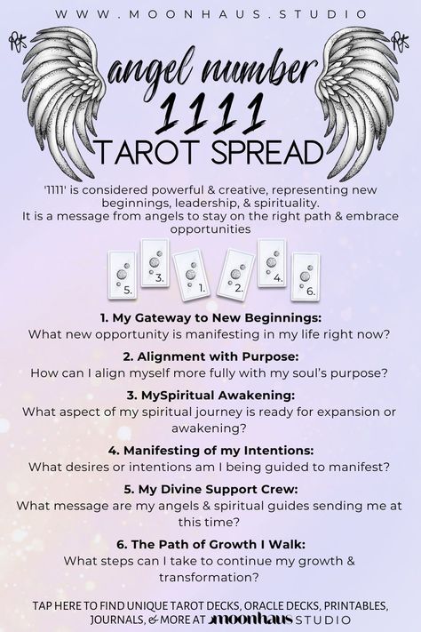 this tarot spread / oracle spread is for understanding what the angel number 1111 (or 111) meaning is in relation to you & your life. tarot reading spreads like this one, from MoonHaus Studio, can help you with understanding where you’re at in life, offer guidance, advice, clarity, comfort, & support. easy to use if you’re a beginner with tarot cards, oracle cards, & learning the card interpretations, also a fun tarot spread layout to do as free readings for others. #1111 #angelnumbers 1111 Portal Tarot Spread, 1111 Tarot Spread, General Tarot Reading Spread, 111 Numerology, Angel Tarot Spreads, Tarot Spreads For Guidance, Tarot Spreads Beginners, Oracle Cards Aesthetic, Tarot Spreads Layout