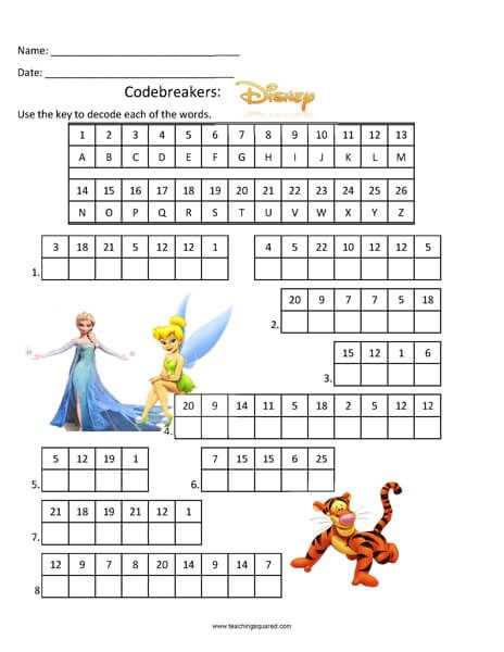 Codebreakers: Disney top fun activity Disney Codebreakers, Disney Themed Worksheets, Disney Printables Free Activities, Disney Math Worksheets, Disney Crossword Puzzles Printable, Disney Puzzles Printables, Disney Worksheets Printables, Disney Activity Sheets Free Printables, Disney Worksheets For Kids