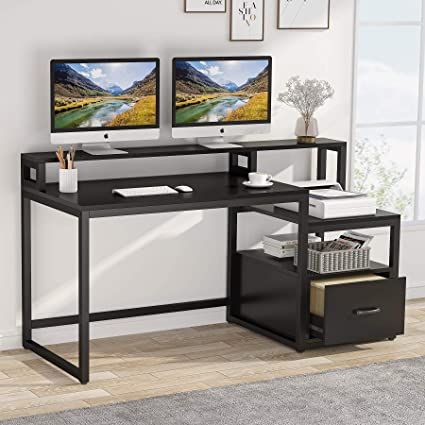 AmazonSmile: Tribesigns 59 inch Computer Desk with Storage Shelves and File Drawer, Large Home Office Desk with Hutch, Study Writing Desk Computer Table with Monitor Stand Riser Shelf, Black : Home & Kitchen Home Office Double Desk, Industrial Home Office, Small Room Desk, Large Home Office, Office Desk With Hutch, Desk With File Drawer, Computer Desk With Storage, Industrial Home Offices, Desk With Hutch