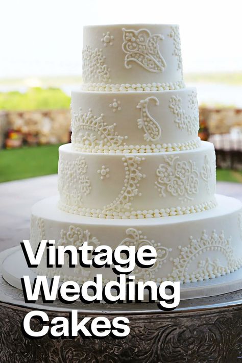 Timeless and elegant, vintage wedding cakes incorporate the romance of past decades into your celebration. Lace details, pearls, heart-shaped designs and even retro tie-dye give any dessert table a dreamy look into the past. Antique Wedding Cakes Vintage, Vintage Wedding Cakes 1920s, Traditional Wedding Cakes Vintage, 50s Wedding Cake, Tie Dye Wedding Cake, Wedding Cakes Old Fashioned, Romantic Wedding Cake Vintage, Wedding Cake Old Fashioned, Vintage Inspired Wedding Cake