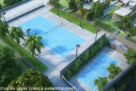 Eden Homes - 1C.O.P NO 1 LONG TENNIS & BADMINTON COURT Outdoor Badminton Court, Badminton Court Design, Outdoor Sports Court, Clubhouse Design, Indoor Tennis, Tennis Design, Stadium Architecture, Badminton Court, Outdoor Play Areas