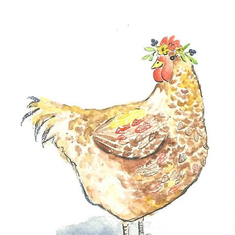 Hen flower crown watercolor Chicken Nursery, Chicken Watercolor, Floral Chicken, Watercolor Farm, Farm Animal Nursery, Animal Nursery Art, French Bulldog Art, Nursery Watercolor, Walter Crane