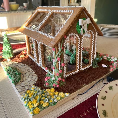 Floral Gingerbread House, Red And Green Gingerbread House, Greenhouse Gingerbread House, Gingerbread Greenhouse, Gingerbread Structures, Homemade Gingerbread House, Gingerbread House Ideas, Egg Free Desserts, Gingerbread Ideas