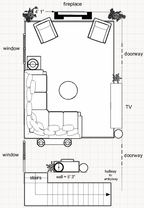 2D Furniture Arrangement Plan For Living Room With Staircase, Hallway, 2 Doorways, Fireplace and Windows - Setting For Four Interiors Online Interior Design and Paint Color Consult Services Apartment Interior Design Living Room, Study Room Design Ideas, Decorations Drawing, 2023 Home Interior, Japandi Apartment, Living Room Elevation, Staircase Layout, Large Living Room Layout, Modern Living Room Design Ideas