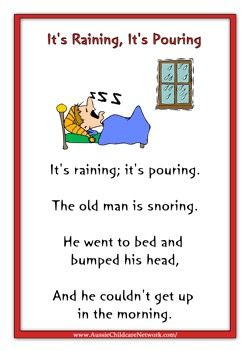 Nursery Rhymes Printables, Aussie Childcare Network, Its Raining Its Pouring, Nursery Rhymes Poems, Transition Songs, Nursery Rhymes Lyrics, Nursery Rhymes Preschool, Nursery Rhymes Activities, Its Raining