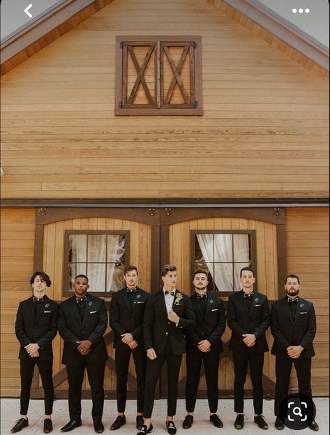 Groomsman And Groom Photos, Modern Wedding Groomsmen, Groomsmen Attire Black On Black, Groomsman Party Photos, Groomsmen Black Tux With Tie, Champagne And Black Groomsmen Attire, Groomsmen Attire Without Boutonnieres, Nye Wedding Groomsmen, All Black Wedding Men Outfit