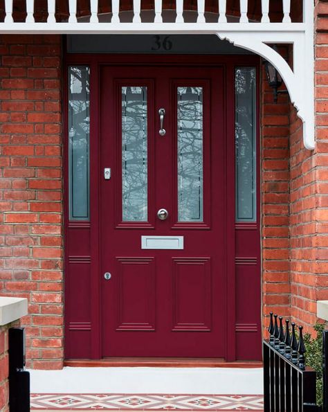 Burgundy Front Doors, Victorian Front Porch, Apartment Front Doors, Hall Door, Front Door Images, Victorian Front Door, Victorian Front Doors, Georgian Doors, Front Door Steps