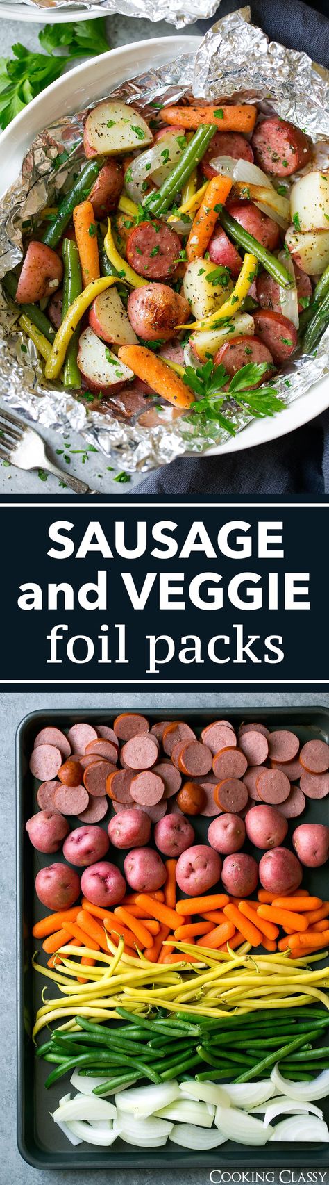 Easy Garlic Herb Sausage and Veggie Foil Packs - Looking for an easy dinner? Look no further because these Garlic Herb Sausage and Veggie Foil Packs have got your busy weeknights covered! They're packed with veggies and smoked sausage coins and they're deliciously flavorful. #easydinner #easyrecipe #foilpacks #sausage #vegetable #dinner Foil Meals, Crockpot Sausage, Foil Wraps, Smoked Sausages, Ham Dishes, Veggie Diet, Foil Pack Dinners, Simple Dinners, Foil Pack Meals