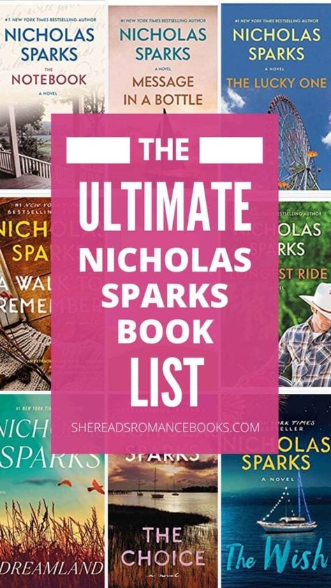 Nicholas Sparks Books in Order: The Complete Guide to the 25 Nicholas Sparks Books – She Reads Romance Books The Choice Nicholas Sparks, Nicholas Sparks Movies, Nicholas Sparks Books, Nicholas Sparks, Romance Authors, Book List, Ya Books, Book Release, Famous Books