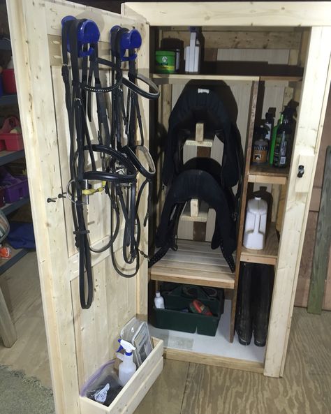 Door shelf/interior space fit together well... I like the modular design but since most of my stuff is bagged or contained, I think hanging/setting would work too Horse Tack Boxes, Tack Storage, Tack Locker, Tack Room Organization, Horse Tack Rooms, Barn Remodel, Tack Trunk, Tack Box, Diy Locker