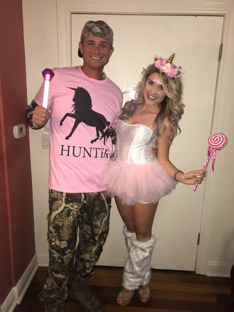 Couples Costume: Unicorn 🦄 and Unicorn Hunter Unicorn Couple Costume Ideas, Unicorn Couple Costume, Unicorn Costume Womens, Adult Unicorn Costume, Unicorn Costume Women's, Easy Adult Halloween Costumes, Unicorn Hunter, Costume Unicorn, 2023 Halloween