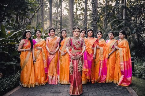 #Trending: Bridesmaids In Coordinated Sarees Dress Codes For Weddings, Themed Shots, Exclusive Saree Blouse Designs, South Indian Blouse Designs, Goa Wedding, South Indian Bridal Jewellery, Marriage Dress, Indian Bridal Sarees, Hindu Bride