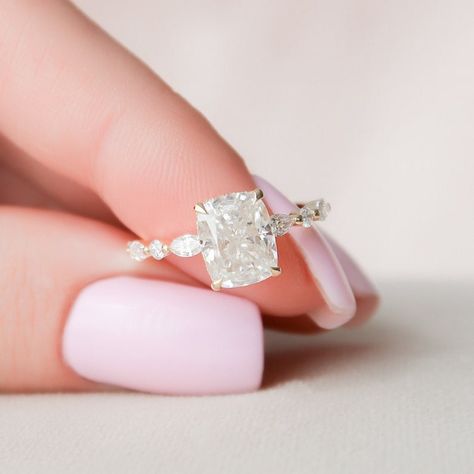 Pave Setting Engagement Ring, Cushion Cut Moissanite Engagement Ring, Prong Engagement Rings, Elongated Cushion Cut, Cushion Cut Engagement, Elongated Cushion, Cushion Cut Moissanite, Moissanite Engagement Ring Solitaire, Cushion Cut Engagement Ring