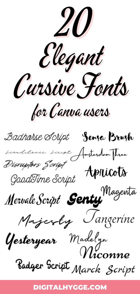 In this article, I've listed the best free cursive fonts in Canva. Some of these are classic calligraphy fonts, whereas others have that vintage handwriting look that so many people adore. Here's a selection of my list of the best cursive fonts: Badhorse Script Sensa Brush Scandlover Script Amsterdam Three Mervale Script Magenta Genty Tangerine Majesty Niconne Madelyn Thick Cursive Font, Cursive Fonts In Canva, Cute Cursive Font, Cursive Handwriting Fonts, Vintage Handwriting, Best Cursive Fonts, Fonts In Canva, Cute Fonts Alphabet, Elegant Cursive Fonts