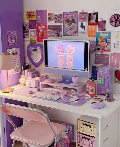 #computer #room #purple Desk Ideas Purple, Purple Desk Setup Aesthetic, Purple Imac Desk Setup, Purple Study Table, Room Inspo Aesthetic Purple, Purple Desk Decor, Colorful Office Decor Ideas, Purple Desk Aesthetic, Purple Office Aesthetic