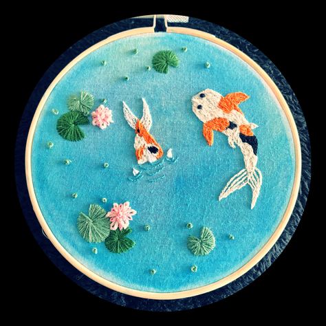 #embroidery #sew #coy #pond #fish Koi Fish Pond Embroidery, Coy Fish Embroidery, Pond Embroidery, Koi Embroidery, Koi Fish Embroidery, Coy Pond, Shoe Embroidery, Textiles Gcse, Textiles Embroidery