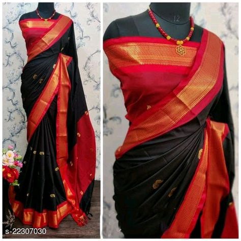 Black Saree With Red Border, Silk Sarees With Contrast Blouse, Black And Red Saree, Sarees With Contrast Blouse, Latest Sarees Online, Peacock Motif, Ruffle Sarees, Set Saree, Border Saree