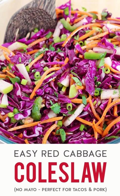 A crunchy & refreshing red cabbage coleslaw mixed with carrot, apple, jalapeno, cilantro & green onion then tossed in a tangy & slightly sweet apple cider vinegar dressing. No mayo in this recipe! Use this easy & healthy slaw as a topping for fish tacos or pulled pork sandwiches or serve it as a simple side dish with a heartier main course. (gluten-free, dairy-free, vegan & paleo) #cabbage #sidedish #coleslaw #mealprepideas #easyrecipe #tacos #pulledpork #healthyrecipes Red Cabbage Coleslaw, Purple Cabbage Slaw, Carrot Ribbons, Vegan Cabbage, Vinegar Coleslaw, Apple Coleslaw, Red Cabbage Slaw, Carrot Slaw, Vegan Coleslaw