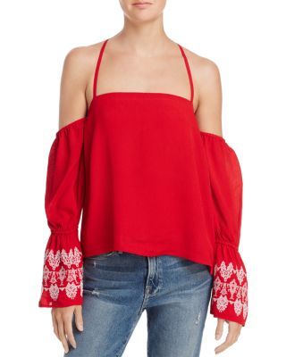 BANJARA EMBROIDERED COLD-SHOULDER TOP. #banjara #cloth # Bell Sleeve Shirt, Shirt Blouses Tops, Bell Sleeve Blouse, Peasant Tops, Long Sleeve Tunic, Top Collection, Red Blouses, Bell Sleeve, Shirt Sleeves