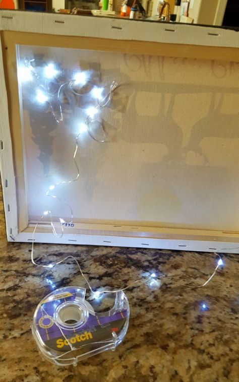 DIY Light Up wall decor Htv On Canvas, Canvas Light Art, Christmas Projects To Make, Cricut Christmas Projects, Lighted Canvas Pictures, Light Up Art, Light Up Canvas, Lighted Canvas Art, Faith Crafts