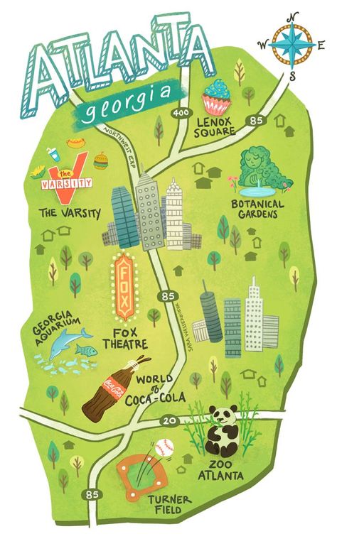 Illustrated maps of Atlanta, GA, Austin, TX, and Seattle, WA for The UPS Store's #SmallBizSalute campaign in May 2015 Atlanta Travel Guide, Atlanta Vacation, Traveling America, Atlanta Travel, America Trip, Visit Atlanta, Visit Georgia, Georgia Map, Illustrated Maps