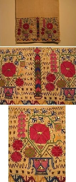 Greek ‘Tsevres’ (a decorative accessory) from Thrace.  19th century.  Could also be used – if long enough - as sash (uçkur/waist band) for women; or as a handkerchief, worn in the waist belt (by both men and women).   Motif: vase of life" with poppies and cypress trees.  Silk thread, gold wire on cotton - Counted thread stitch.  (from: The Greek Institute). Iranian Embroidery, Greek Designs, Turkish Embroidery, Greek Design, Traditional Embroidery, Cypress Trees, Free Wordpress Themes, Gold Wire, Silk Thread